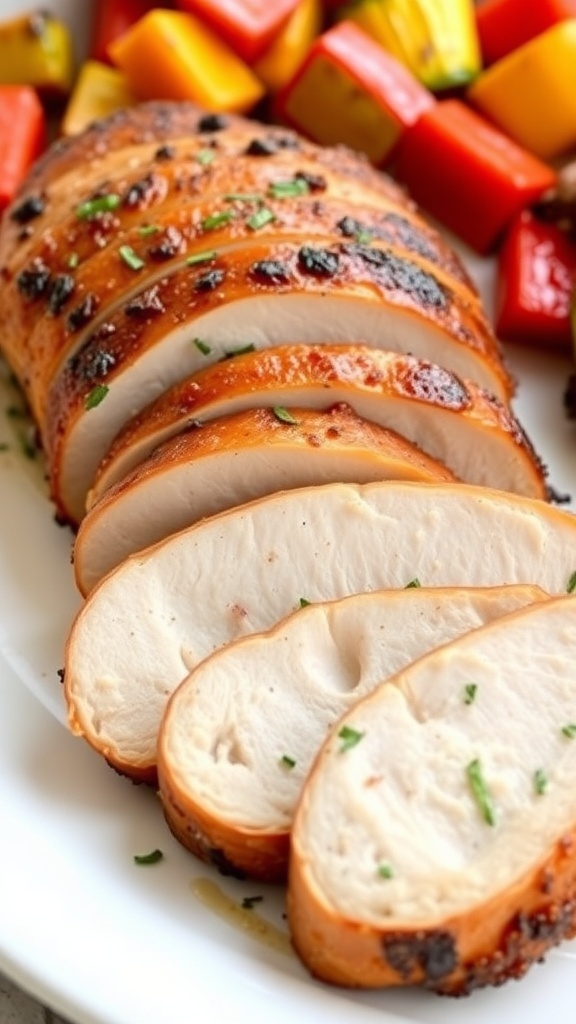Sliced air fryer pork tenderloin on a plate, garnished with herbs, served with roasted vegetables.